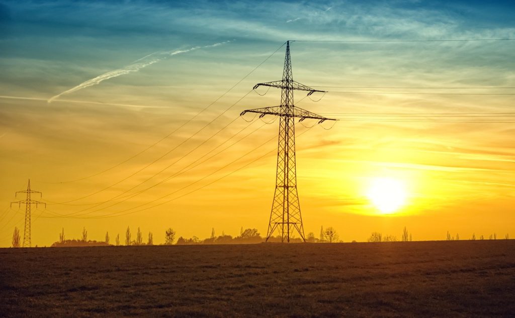 power lines, fields, sunset, twilight, sun, current, sky, evening sky, power supply, electricity, dusk, nature, rural, countryside, landscape
